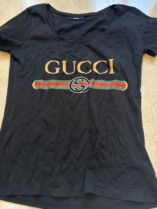Gucci Tops - Gucci Black Short Sleeve Tee with Gold Logo and Green-Red Stripe